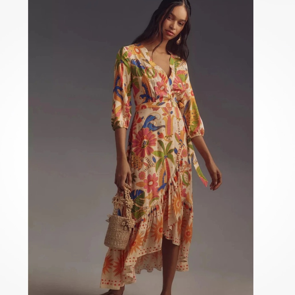 Farm Rio Long-Sleeve V-Neck Wrap Midi Dress Size S